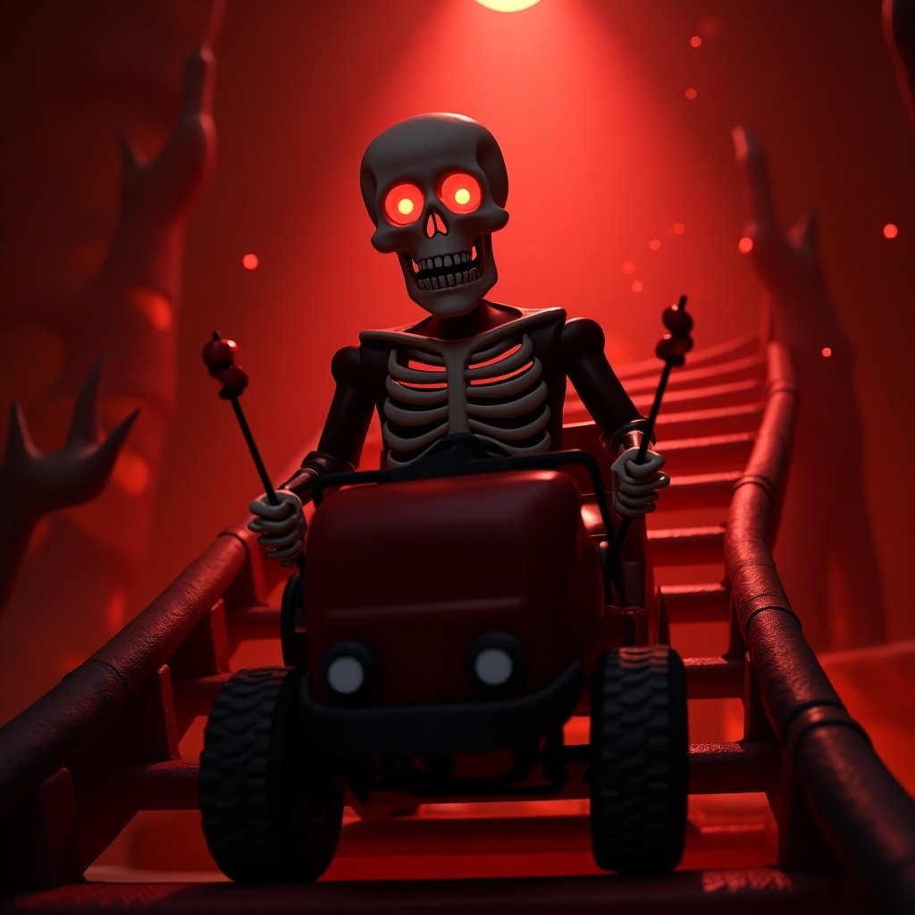 Roblox character represents a skeleton riding a cart on a roller coaster. The setting is in an underworld theme. Red colors dominate the scene. Spooky atmosphere permeates the image.