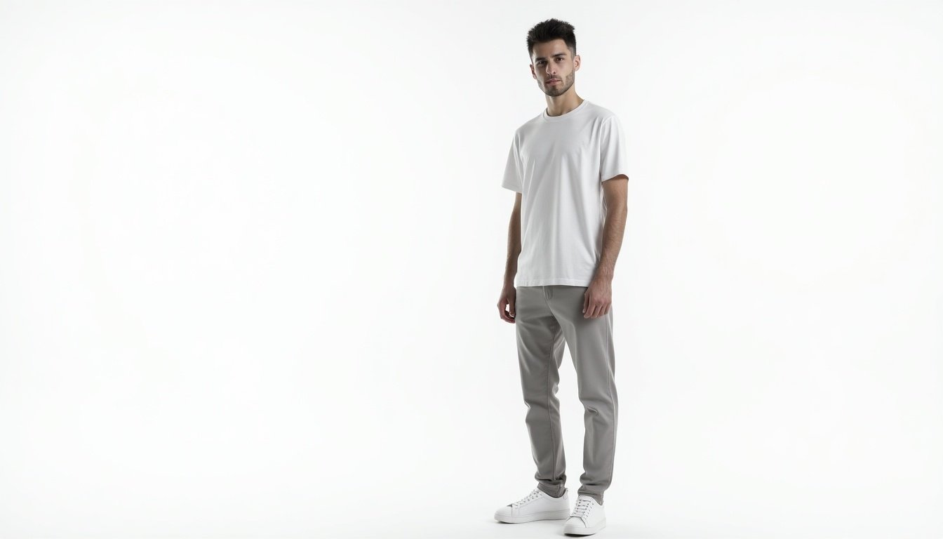 Image of a male model in a minimalist style. Model wears modern casual clothing. Background is completely white for a sleek appearance.