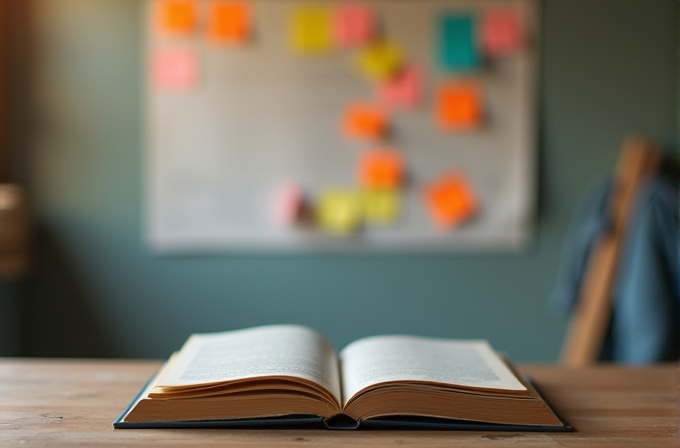 An open book rests on a wooden table with a blurred background of colorful sticky notes on a whiteboard.