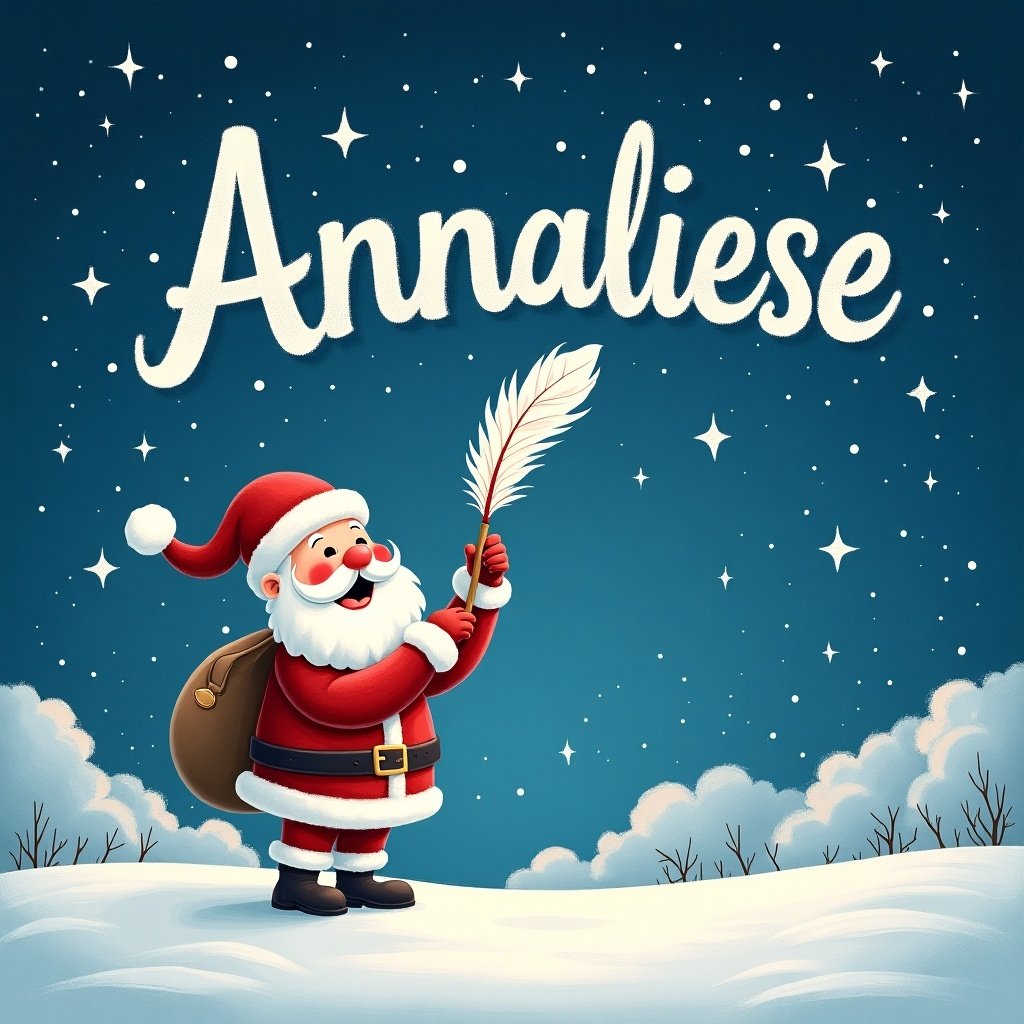 Santa Claus joyfully writing the name Annaliese in the sky with a feather quill. Bright starry night backdrop with a snowy landscape.