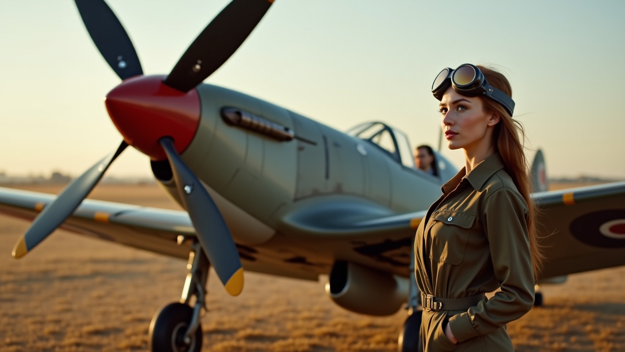 A woman in 1940s attire standing confidently in front of a vintage World War II airplane, under a warm, golden sunset sky, wearing aviator goggles, exuding a sense of bravery and adventure.