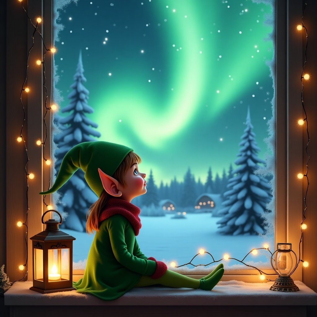 Image of an elf gazing at northern lights from a window. Winter setting with snowy landscape outside. Elf in green costume with pointed ears. Lantern beside her creating a warm glow. Magical atmosphere evokes Christmas joy.