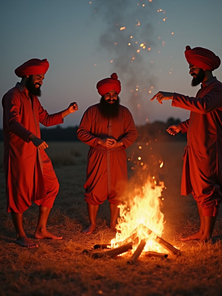 Many Sikhs are celebrating around a bonfire in a farm setting during twilight. The scene depicts joy and community spirit with traditional attire and a warm ambiance.