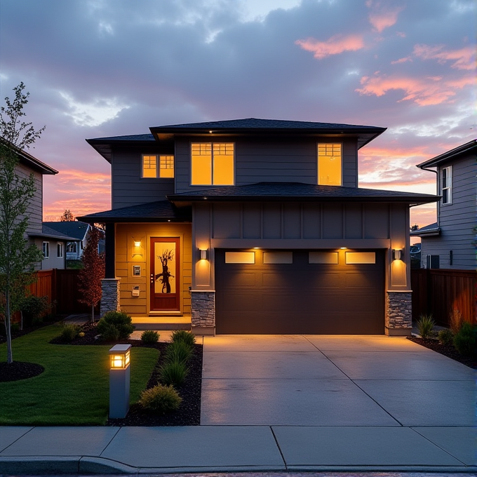 The image shows a modern two-story house at sunset with its lights on, creating a warm and inviting atmosphere.