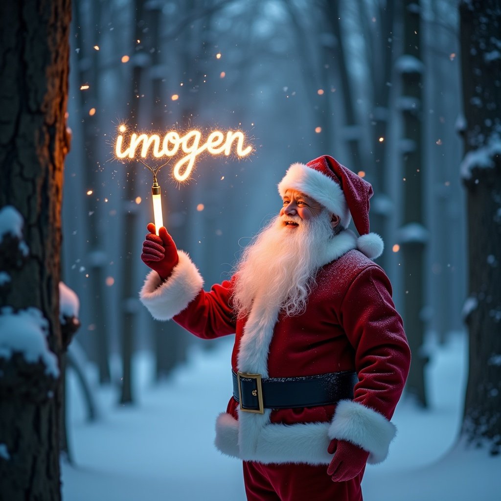 Santa Claus in a snowy forest. He wears a red suit with white trim. Santa holds a glow stick to cast light. The glow stick spells 'imogen' in sparks. Snowflakes fall, creating a magical scene. It captures holiday joy and warmth. Santa's expression is cheerful, embodying Christmas spirit.