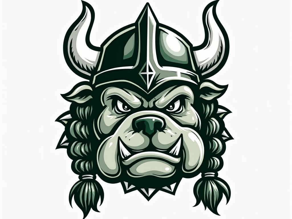 This image features a stylized graphic of a bulldog with a Viking helmet. The bulldog’s expression is fierce, with prominent fangs and intense eyes, giving it an aggressive and determined look. The Viking helmet, complete with horns and intricate details, adds a warrior-like appearance to the illustration.