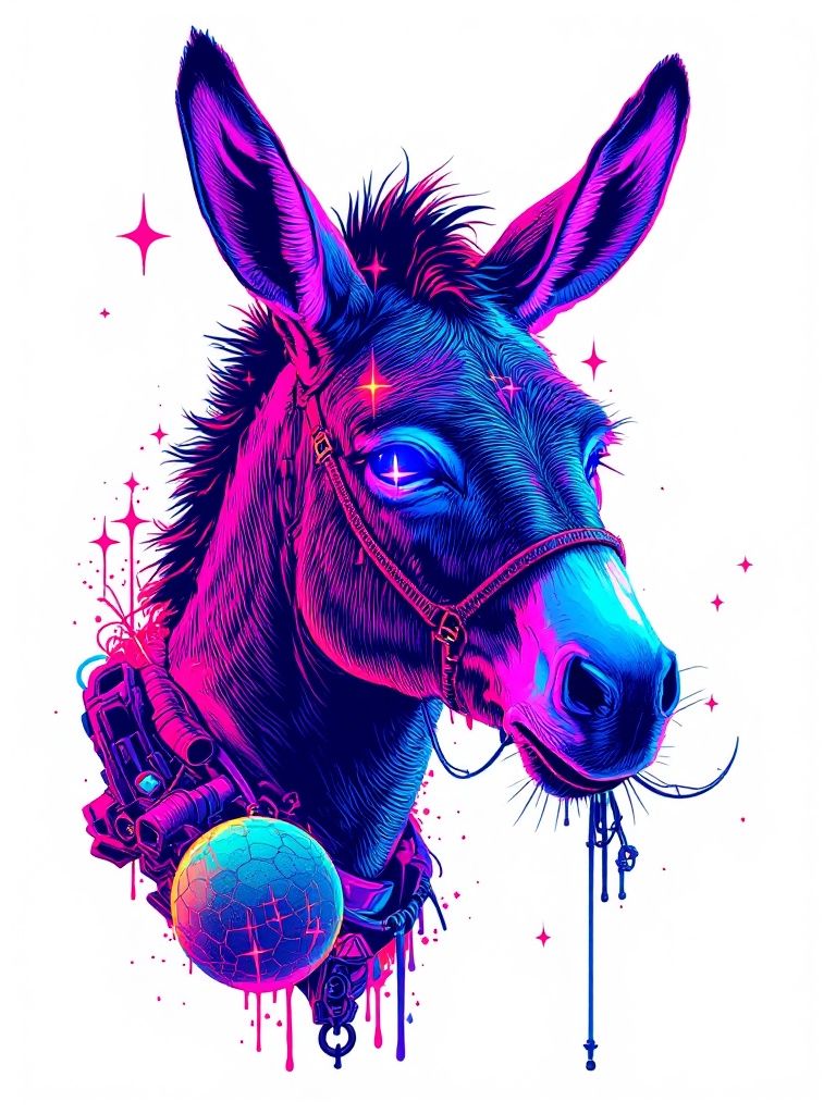 A donkey illustration with neon colors. Hyper-detailed vector design featuring surreal elements. White background. A mix of pop culture styles with vibrant features.