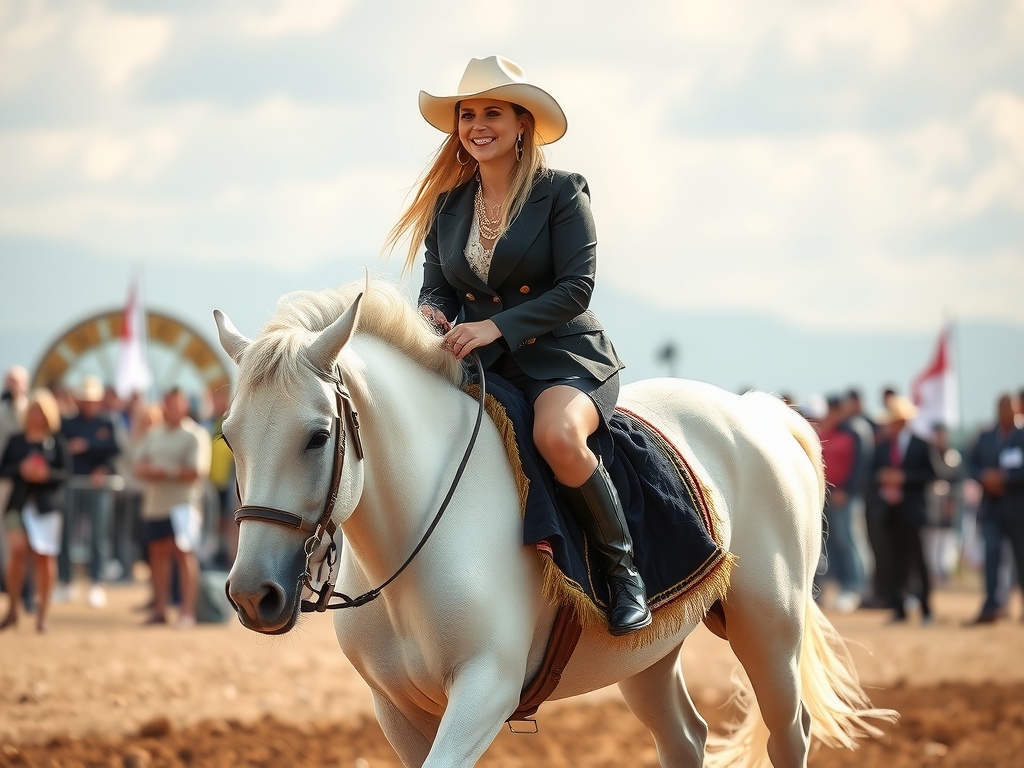 A woman in a cowboy hat rides a white horse, exuding confidence and grace in an outdoor setting with spectators.