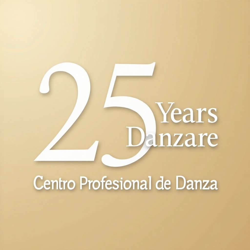 Create an elegant and professional graphic featuring the title '25 Years Danzare' in white typography. Include the text 'Centro Profesional de Danza' in white typography. Use a beige gradient background for elegance.