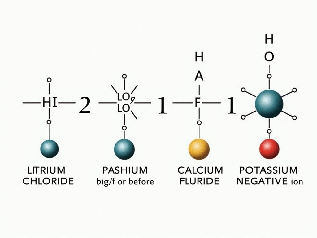 The image illustrates the ionic bond formation for several compounds: lithium chloride, magnesium sulfide, calcium fluoride, and potassium oxide. Each compound depicts the respective atoms before bonding. It shows how one atom loses electrons to become a positive ion, while the other atom gains electrons to become a negative ion. The resulting ions are clearly marked with their charges. This educational visual aids learners in understanding the process of ionic bonding in chemistry, highlighting the transformations of ions during the reaction.