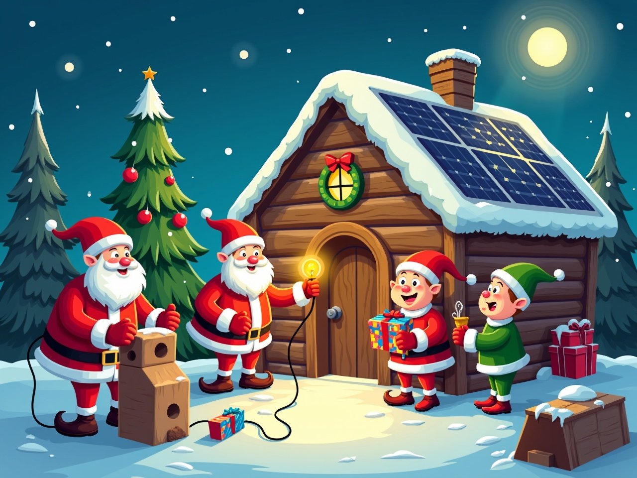 Cartoon image showing elves at Santa's Workshop with electric toys. House features solar panels. Scene is festive and snowy.