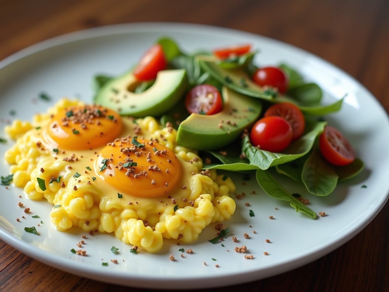 This image features a plate of scrambled eggs served alongside a fresh salad. The eggs are vibrant yellow and cooked to perfection, with a creamy texture. Next to them, slices of avocado and cherry tomatoes add a refreshing touch. The salad includes leaf greens, making it a nutritious choice. The plate is styled in a way that highlights the colors and textures of the food, inviting viewers to enjoy a wholesome meal.