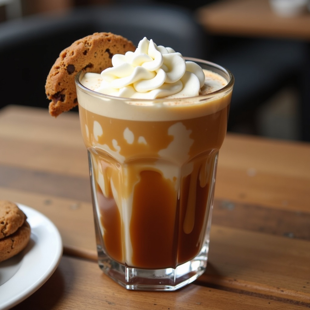 This image features a delicious iced coffee drink in a clear glass, lavishly topped with fresh whipped cream and drizzled with caramel syrup. A crispy, chocolate chip cookie rests delicately on the rim of the glass, adding a touch of charm. The background reveals a rustic table, enhancing the cafe feel. The drink is a perfect blend of creamy and sweet flavors. Ideal for coffee lovers and dessert enthusiasts, this beverage is sure to satisfy cravings.