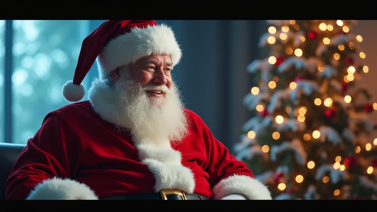 Cinematic image of Santa Claus in a high-tech festive room. Features holographic designs. Inviting ambiance with a Christmas tree. Santa smiles and nods with warmth while music plays. Text overlay wishes Merry Christmas and Happy New Year. Ends with a joyful atmosphere and triumphant music.