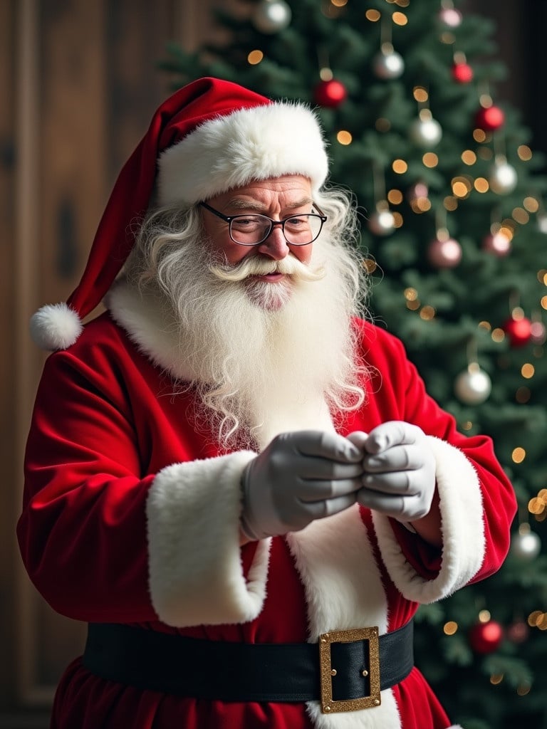 Santa Claus dressed in a red outfit with white trim standing near a decorated Christmas tree. Santa's hand is outstretched holding a card.