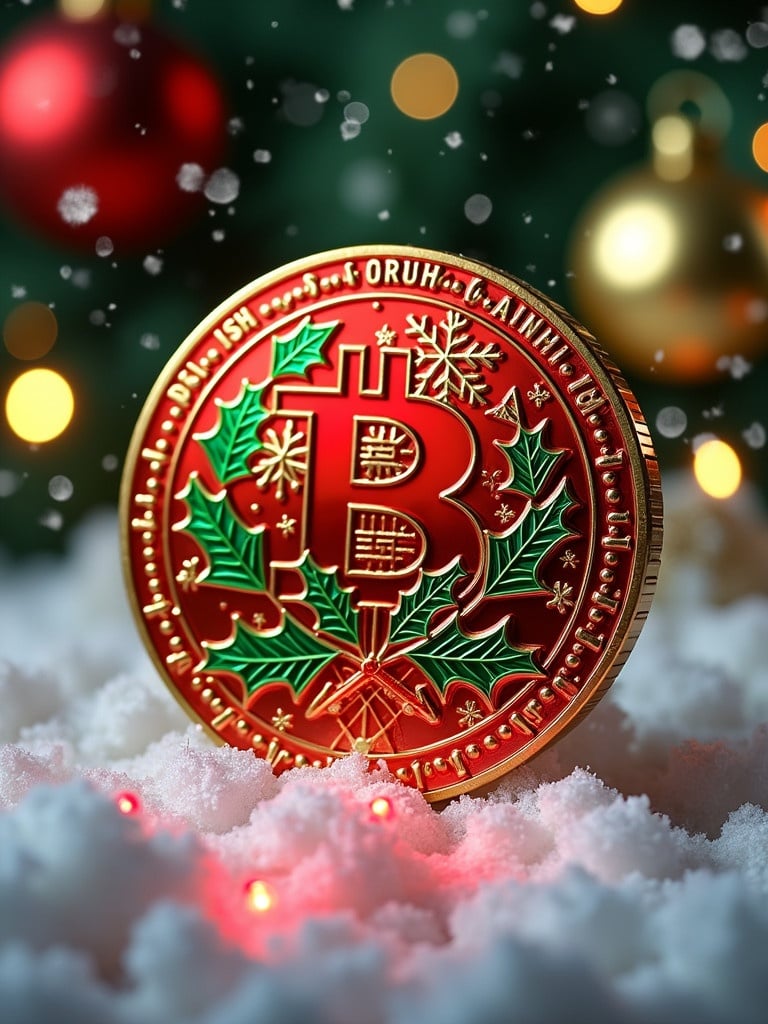 A Christmas-themed Bitcoin token decorated with snowflakes and holly. The background includes soft bokeh lights in red and gold colors. The token sits on a bed of snow.