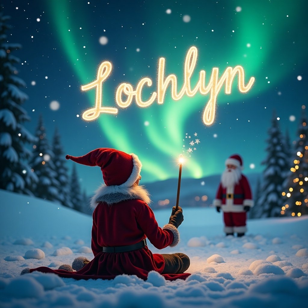 Christmas scene featuring an elf in a red outfit sitting in snow. Elf holds a magic wand that spells 'Lochlyn' in the night sky. Background shows northern lights and Santa Claus in distance. Soft snowfall and twinkling lights create a festive atmosphere.