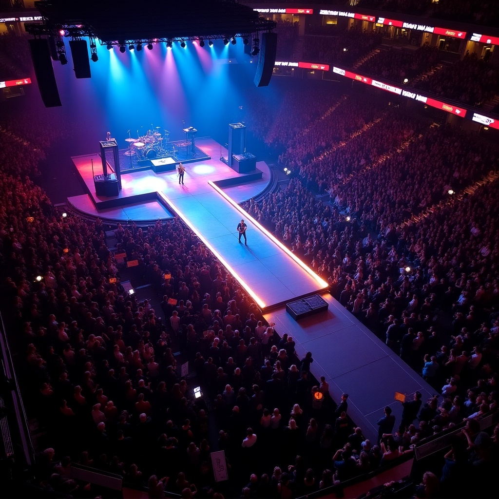 Concert stage setup at Madison Square Garden. T stage runway with colorful lighting. Large crowd in attendance. Aerial view featuring the stage and audience.