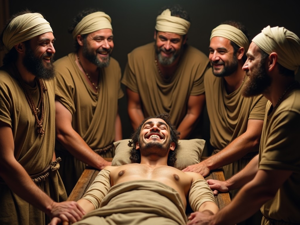 An image depicting a biblical scene where a group of men in ancient attire gather around a reclining, joyful man, celebrating with smiles and laughter.