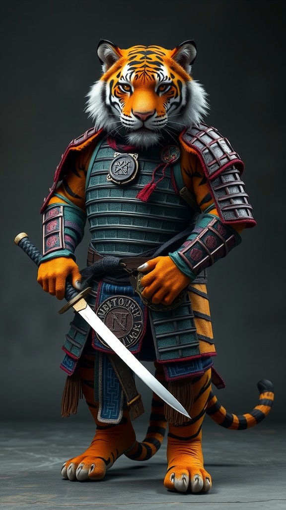 This striking image features an anthropomorphic tiger dressed in detailed samurai armor. The tiger stands confidently, holding a katana in a poised stance. The armor is richly colored in shades of blue, green, and red, and is intricately detailed with patterns, adding to the regal and fierce appearance of the warrior feline.