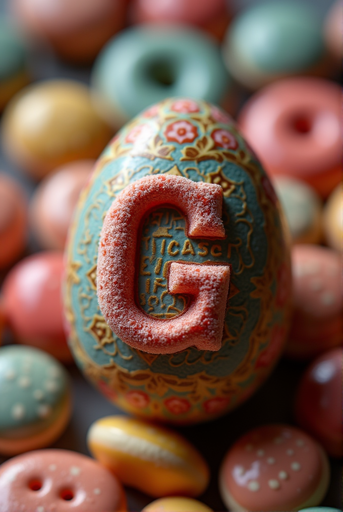 A beautifully decorated egg, featuring a large textured letter 'G' and surrounded by colorful objects.