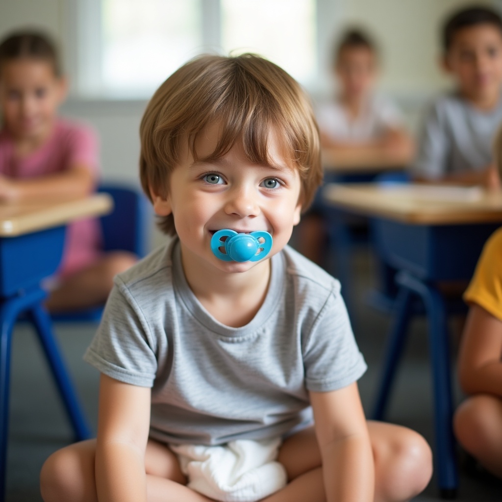 Seven year old boy with light brown hair is seated in a classroom. He wears a t-shirt and diaper. The boy has a pacifier in his mouth. He appears comfortable and engaged.