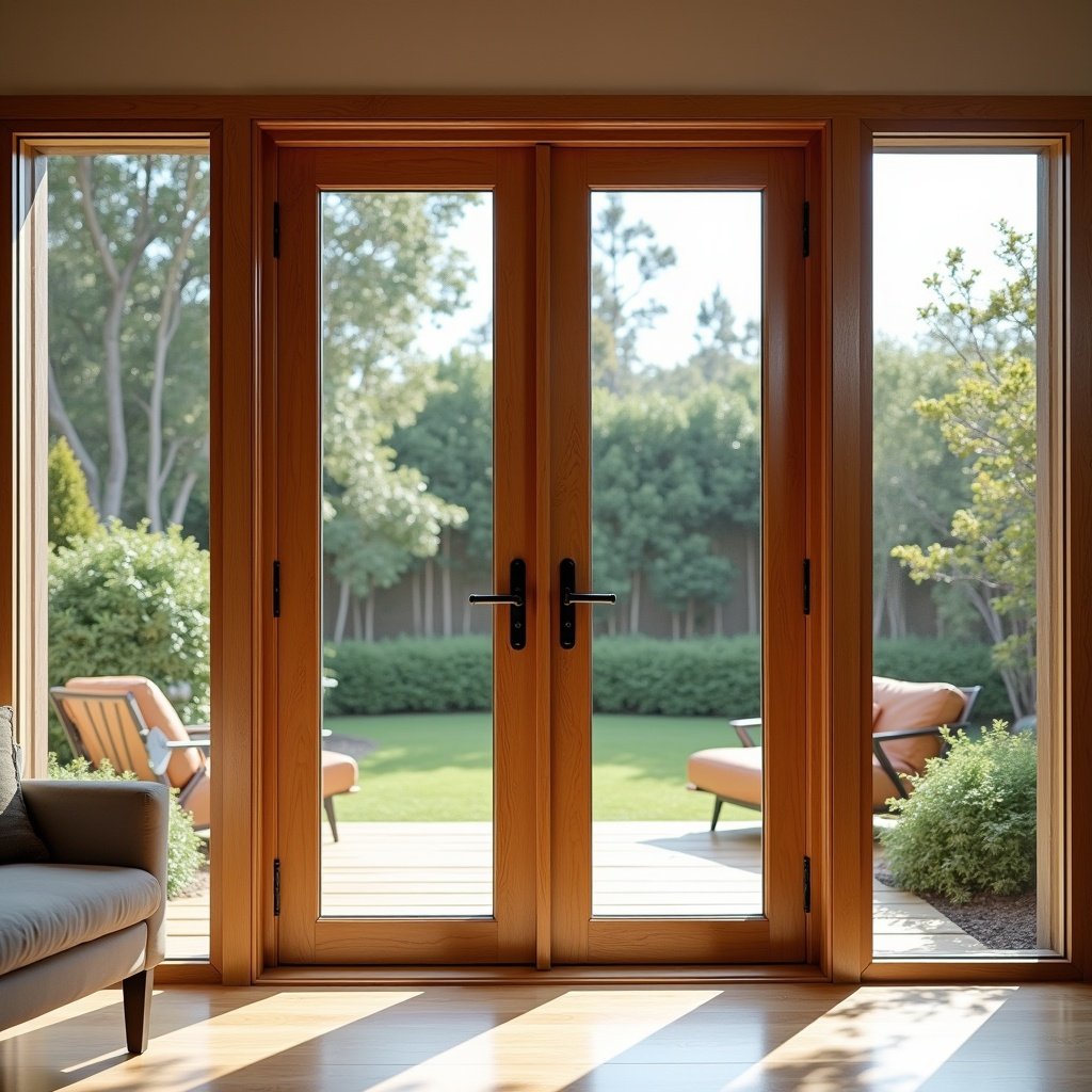 Modern double door design in warm wooden hue with surrounding glass panels. Cozy sitting area and garden view visible through the glass.