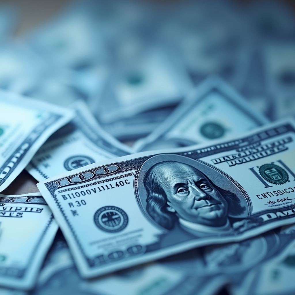 A close-up view of a pile of hundred-dollar bills, highlighting one bill with Benjamin Franklin's portrait prominently visible.