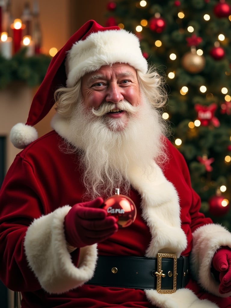 Image of Santa Claus holding an ornament during Christmas. Emphasizes holiday decorations and spirit. Background features a Christmas tree.