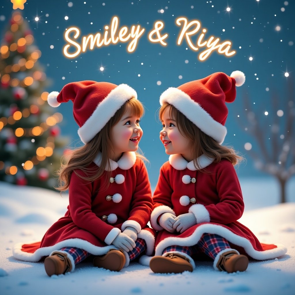 Two girls dressed in Christmas themed outfit sitting outside on snowy landscape. They are smiling at each other. A beautiful Christmas tree with ornaments is in the background. Stars in the sky read 'Smiley & Riya'.