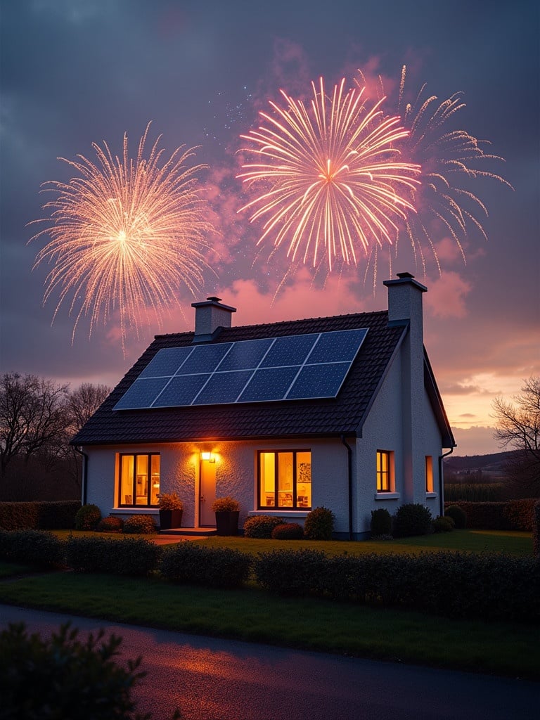 A house in Ireland features solar panels. The house is illuminated brightly. Fireworks explode in a colorful display in the night sky. The setting appears festive for New Year celebrations.