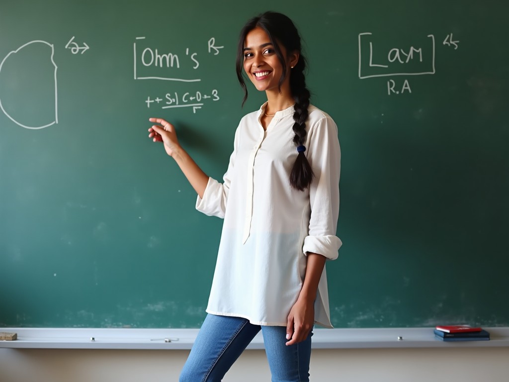 A young Indian woman stands confidently in a classroom. She has a side braid and loose strands of hair framing her face. Dressed in a white kurta and blue jeans, she smiles while explaining Ohm's law on a blackboard. Her posture is strong and inviting, creating an educational atmosphere. The classroom setting is bright with natural lighting, enhancing her role as a teacher.