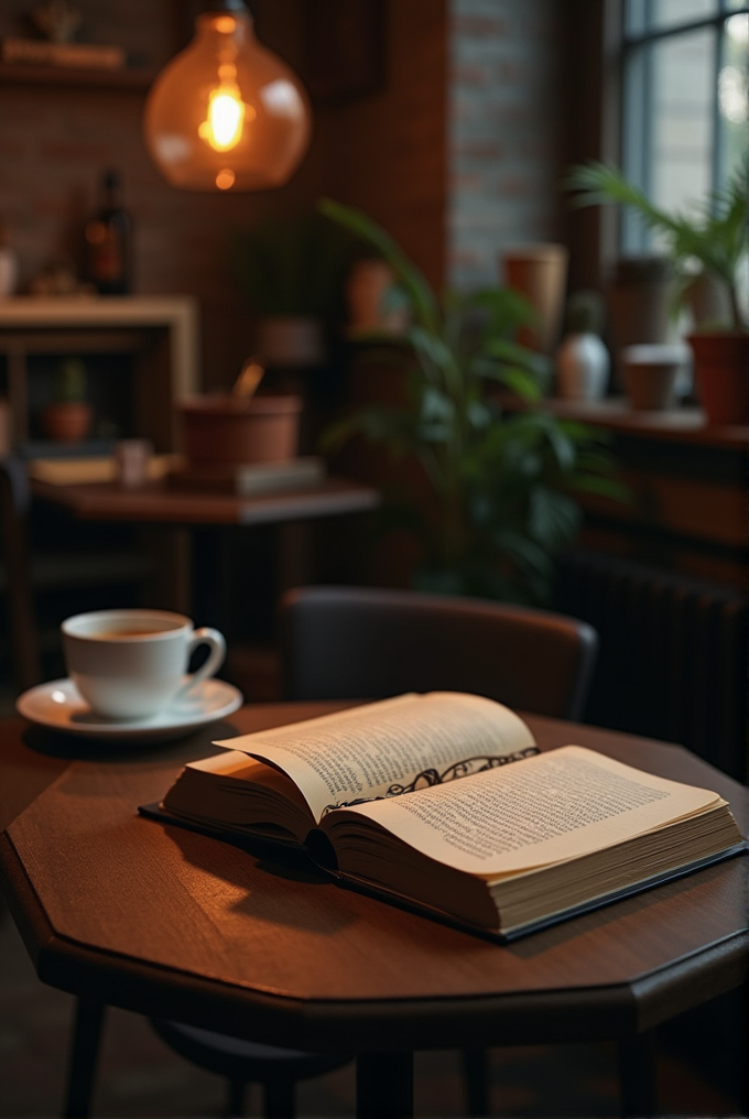 A cozy interior setting featuring an open book on a wooden table, accompanied by a cup of coffee, with warm lighting from a bulb above and a leafy plant in the background.