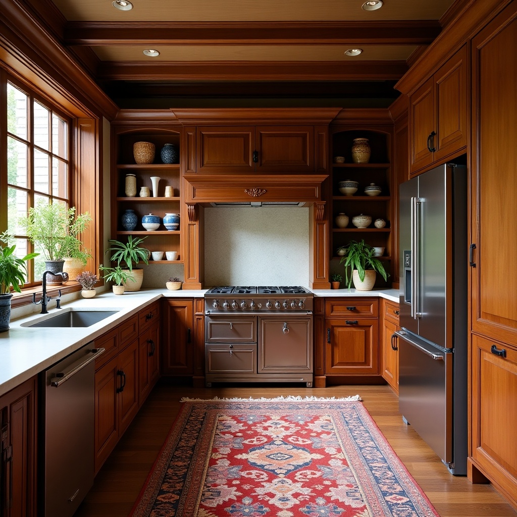 Victorian style kitchen featuring rich wooden cabinets. Natural light illuminates the space through large windows. A patterned rug adds warmth. Decorative pottery and plants on shelves enhance the decor. The central stove stands as a focal point surrounded by cabinetry.