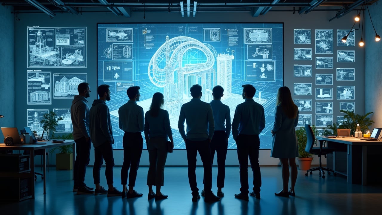 Diverse group of professionals in a high-tech design studio. Architects engineers and designers collaborate using BIM and AI tools. Large projection display showcases design blueprints with a magical atmosphere. Silhouettes against the light. Shot on Arriflex Alexa.