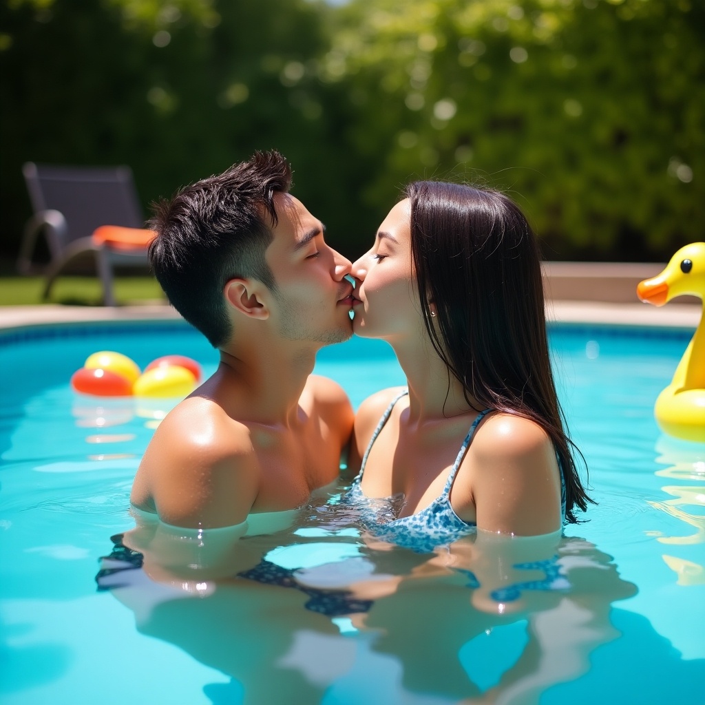 A couple is kissing each other in a swimming pool. Bright sunlight at a tropical location. The pool has colorful floats and a duck.