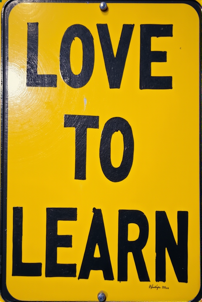 A yellow sign with bold black text reading 'LOVE TO LEARN' in a vertical format.