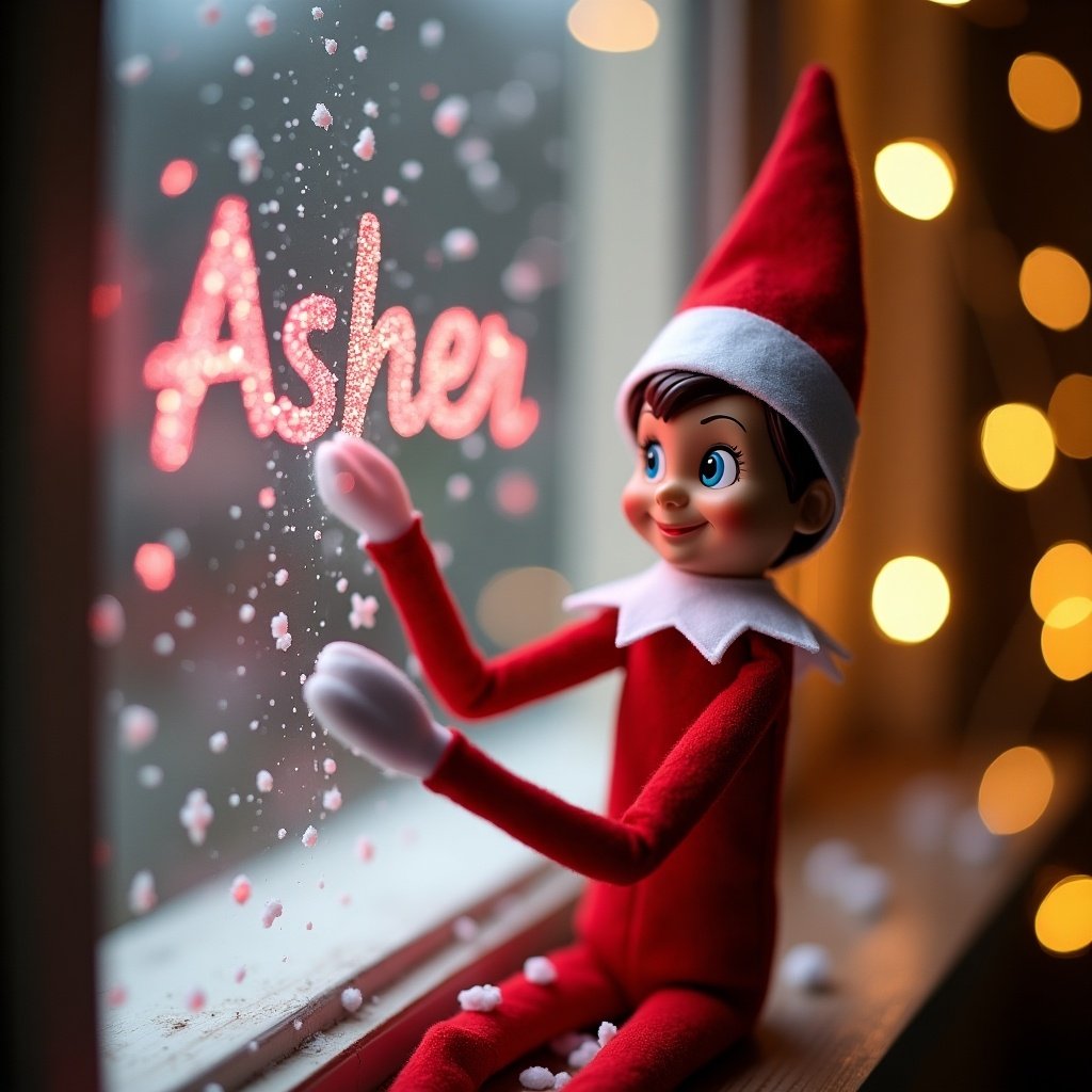 Joyful Elf on the Shelf writing in the air. Classic red outfit with a pointy hat. Writing name Asher in pink glitter. Soft white snowflakes falling. Warm twinkling lights in the window. Cozy holiday atmosphere. Perfect for family celebrations.