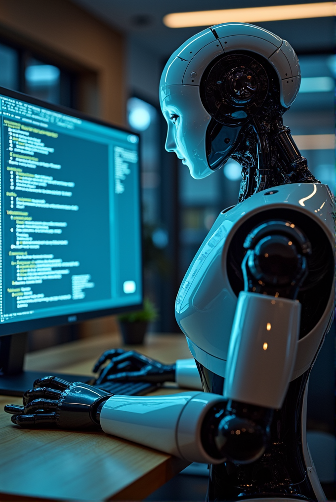 A humanoid robot intently focuses on a computer screen displaying lines of code.