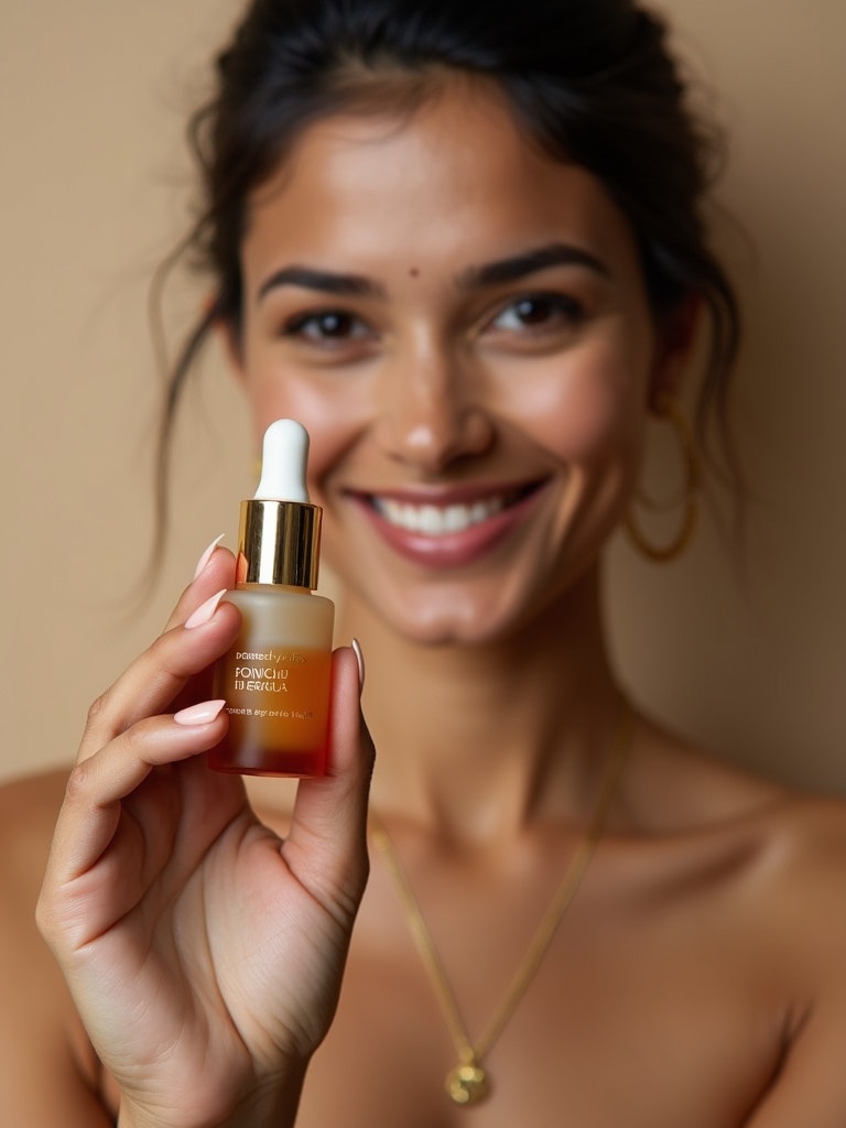 Woman holding a 10ml serum bottle with a golden cap and frosted amber glass. The product is showcased confidently to the camera. The background is warm and minimalistic.