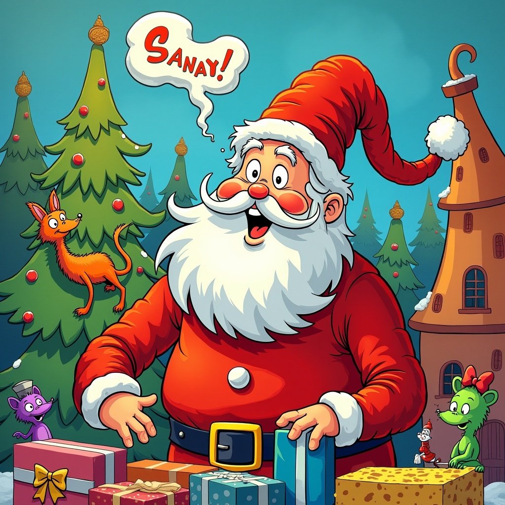 Santa Claus stands cheerful. Surrounded by Christmas trees and presents. Cartoon style with vibrant colors. Inspired by Dr. Seuss. Characters include animals. Dialogue bubble with 'Sanay!'.