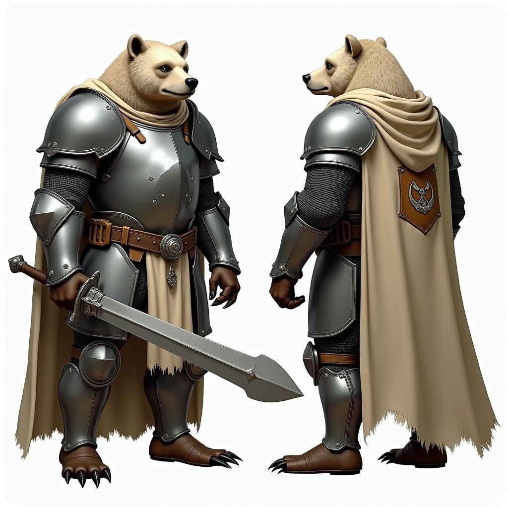 Create a Dungeons and Dragons-inspired character, a werebear in full plate armor, ready for battle. This character wields a heavy flanged mace and carries a large steel shield with a unique escutcheon. Standing bipedally, the werebear showcases its muscular build and silver fur. The armor details exude a warrior vibe, embodying strength and mystique, perfect for tabletop gaming. The illustration features the character in front and back views, holding a sword that signifies readiness for battle. The armor combines shiny silver and gray tones, complemented by a flowing beige cloak. The neutral background keeps the focus on the intricate design and weapon, portraying a classic heroic figure in a fantasy setting.