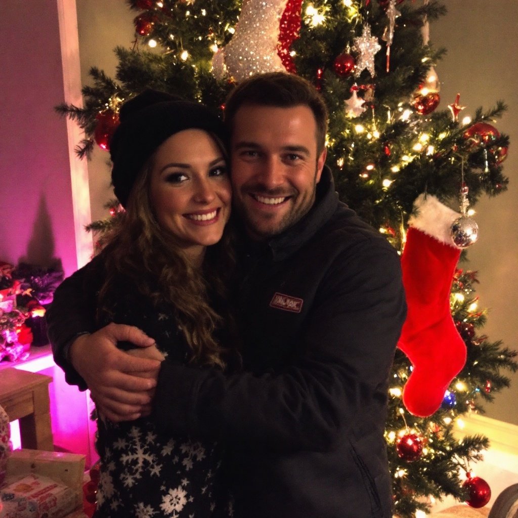 Couple joyfully posing in front of a decorated Christmas tree. The tree adorned with ornaments and lights. The setting creates a warm holiday atmosphere.