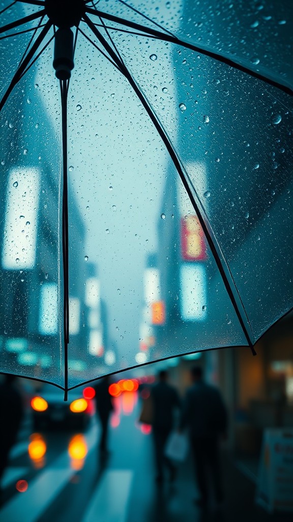 A close-up view from under an umbrella on a rainy city street with blurred lights and pedestrians.