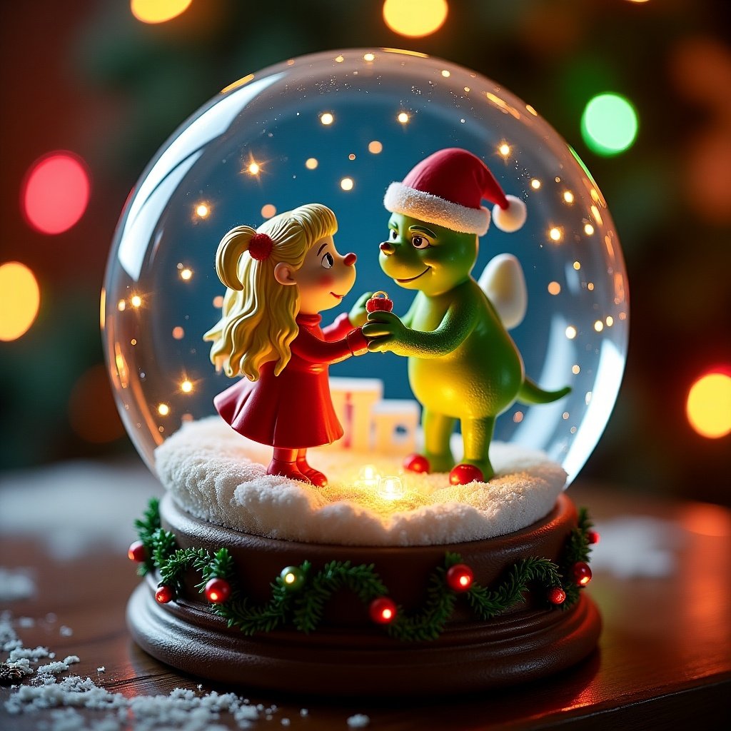 A Christmas snow globe contains a girl in a red dress and a green dragon. The girl and the dragon engage in a magical moment. The scene is surrounded by fluffy snow and twinkling lights. The background features a softly blurred array of colorful Christmas lights.