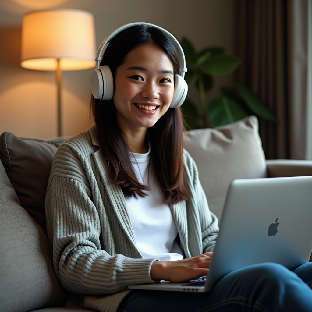 A person sits comfortably on a sofa, smiling while using a laptop, wearing headphones and casual attire, with a warm lamp illuminating the cozy room.