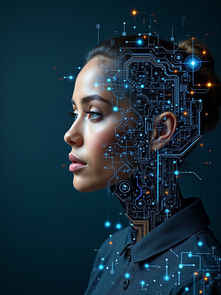 A portrait of a person surrounded by digital elements. Futuristic themes integrate circuit patterns and binary codes in the background. The image reflects innovation and connectivity. It shows the fusion of human and technology.