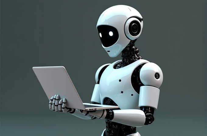 A sleek humanoid robot analyses data on a laptop, embodying futuristic technology.