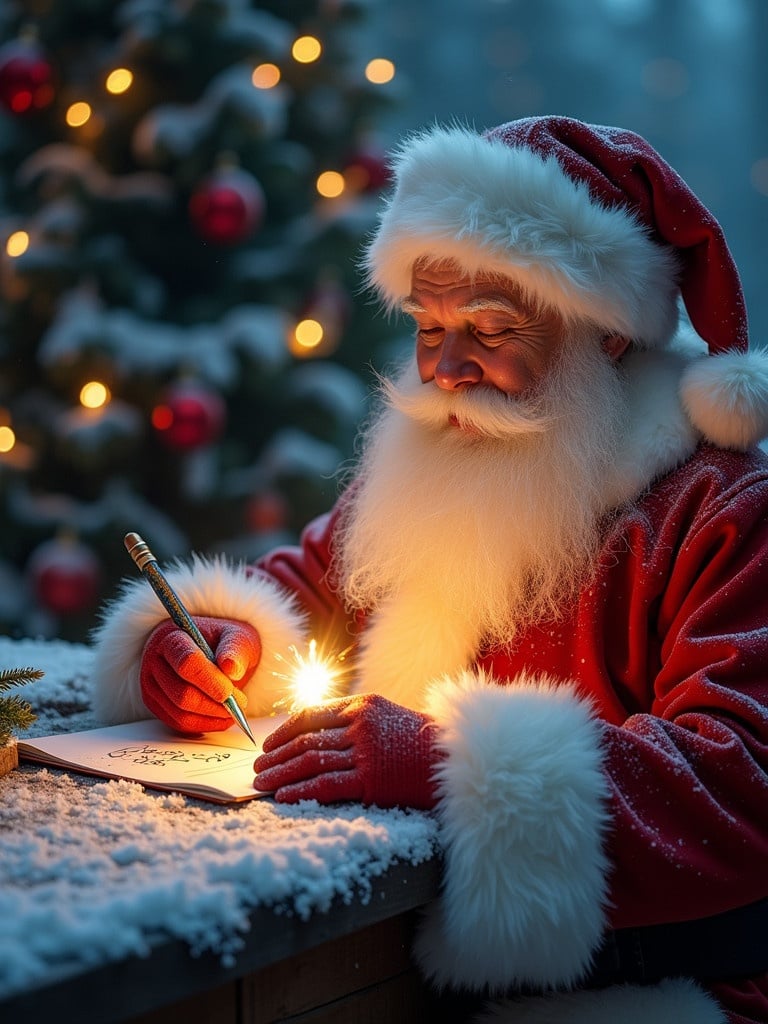 A Christmas scene featuring Santa Claus writing a letter. He wears a traditional costume with white fur trim. The background has a beautifully decorated Christmas tree. Soft lights create a magical atmosphere. Snow lies on the table and ground. The letter shows the name Leszek.