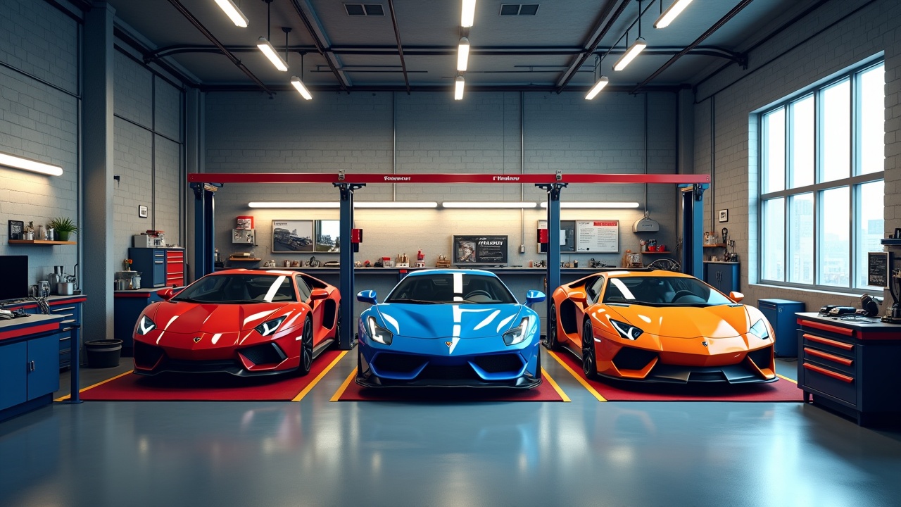 A digital illustration showcasing three high-end sports cars in a modern automotive workshop. The cars are colored red, blue, and orange, parked side by side. The setting is well-lit with ceiling lights, and the workshop has a neat and organized appearance, complementing the sleek design of the vehicles.